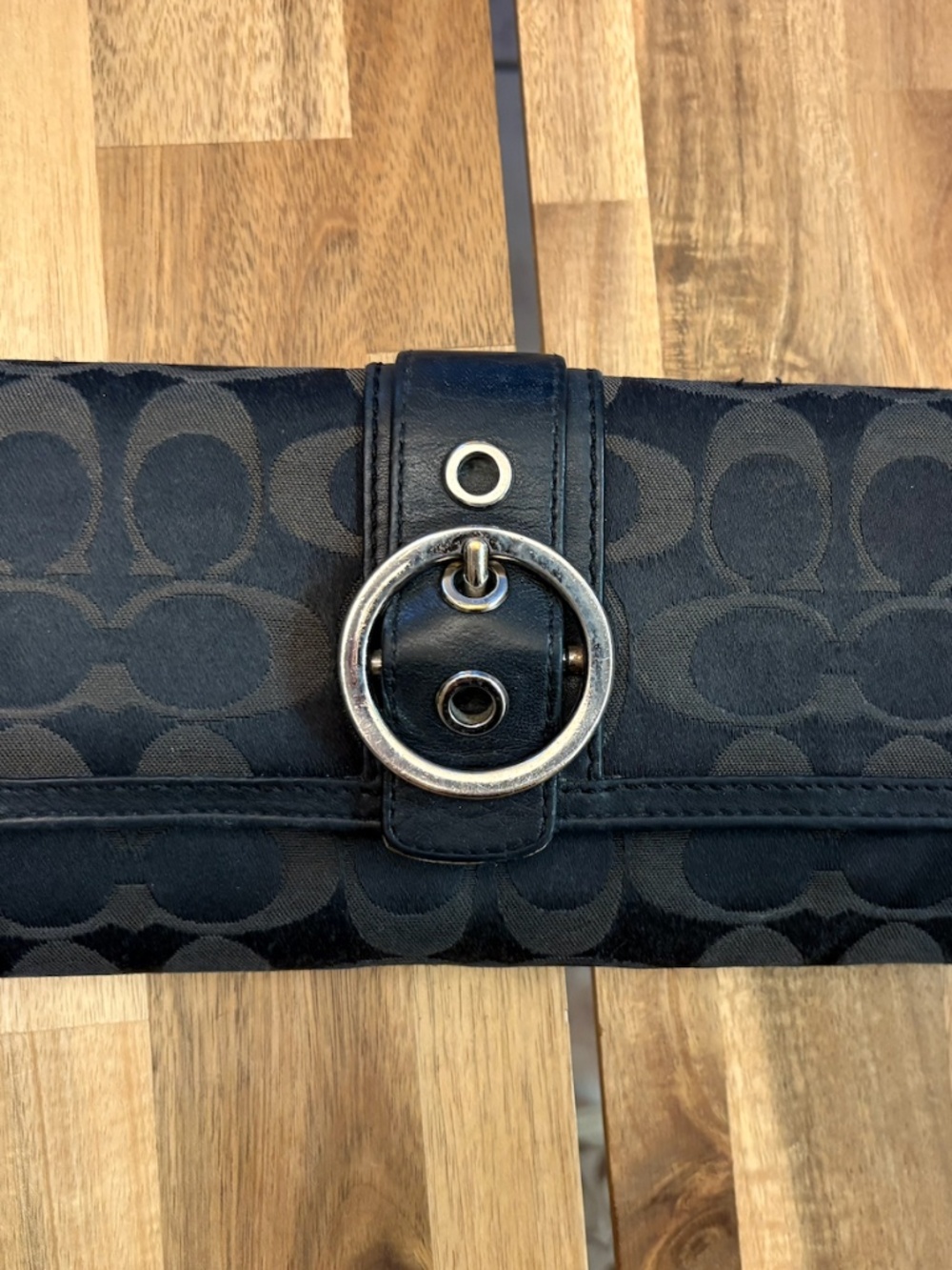 Coach Black Signature Jacquard Wallet Silver Buckle Pink Interior